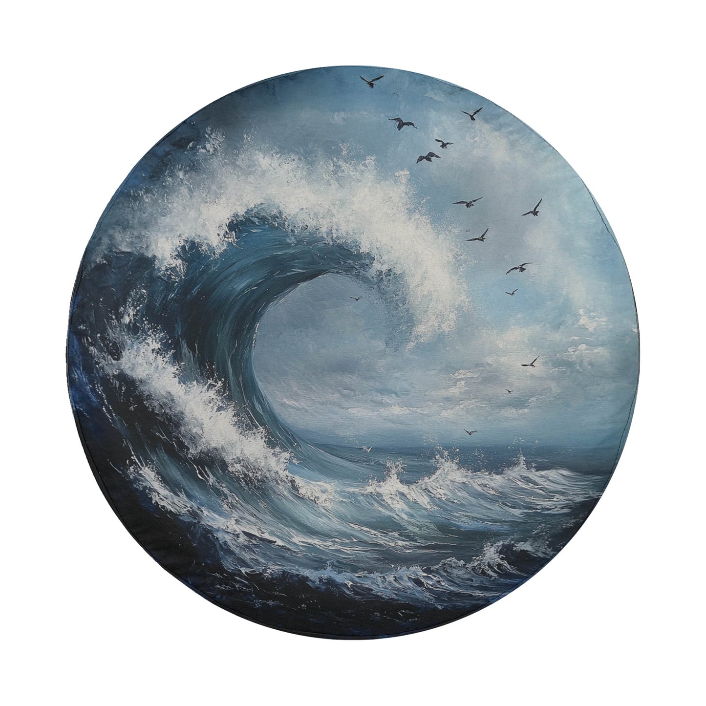 A large, powerful wave crashes against the shore, with birds flying overhead in the background.