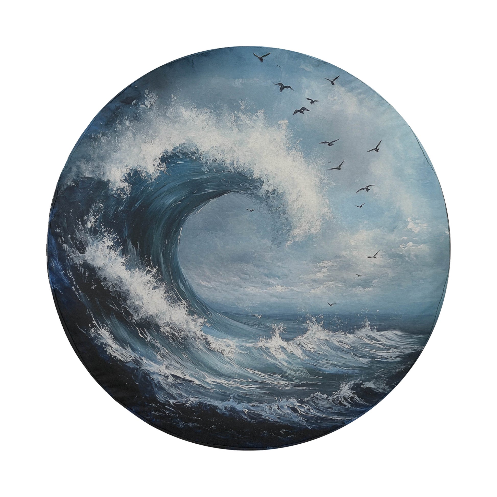 A large, powerful wave crashes against the shore, with birds flying overhead in the background.