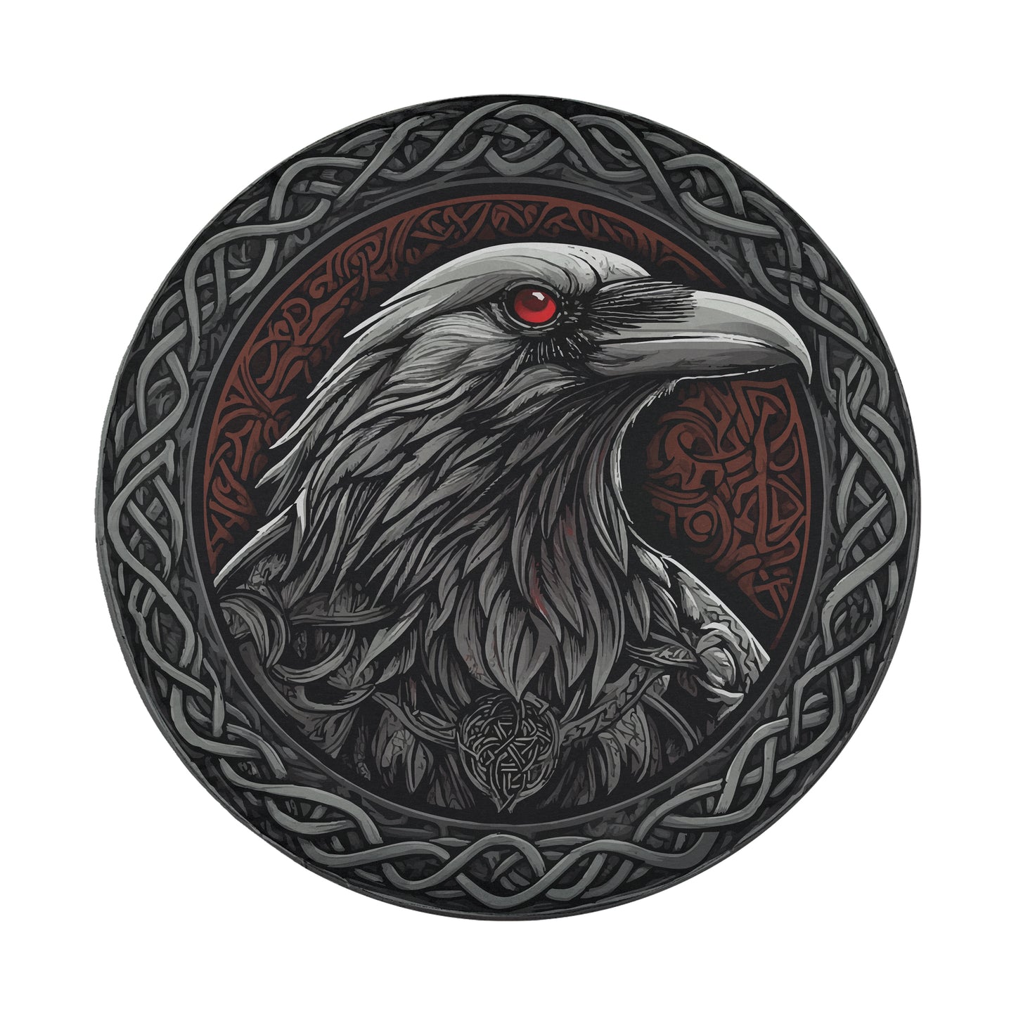 a drawing of a raven with red eyes