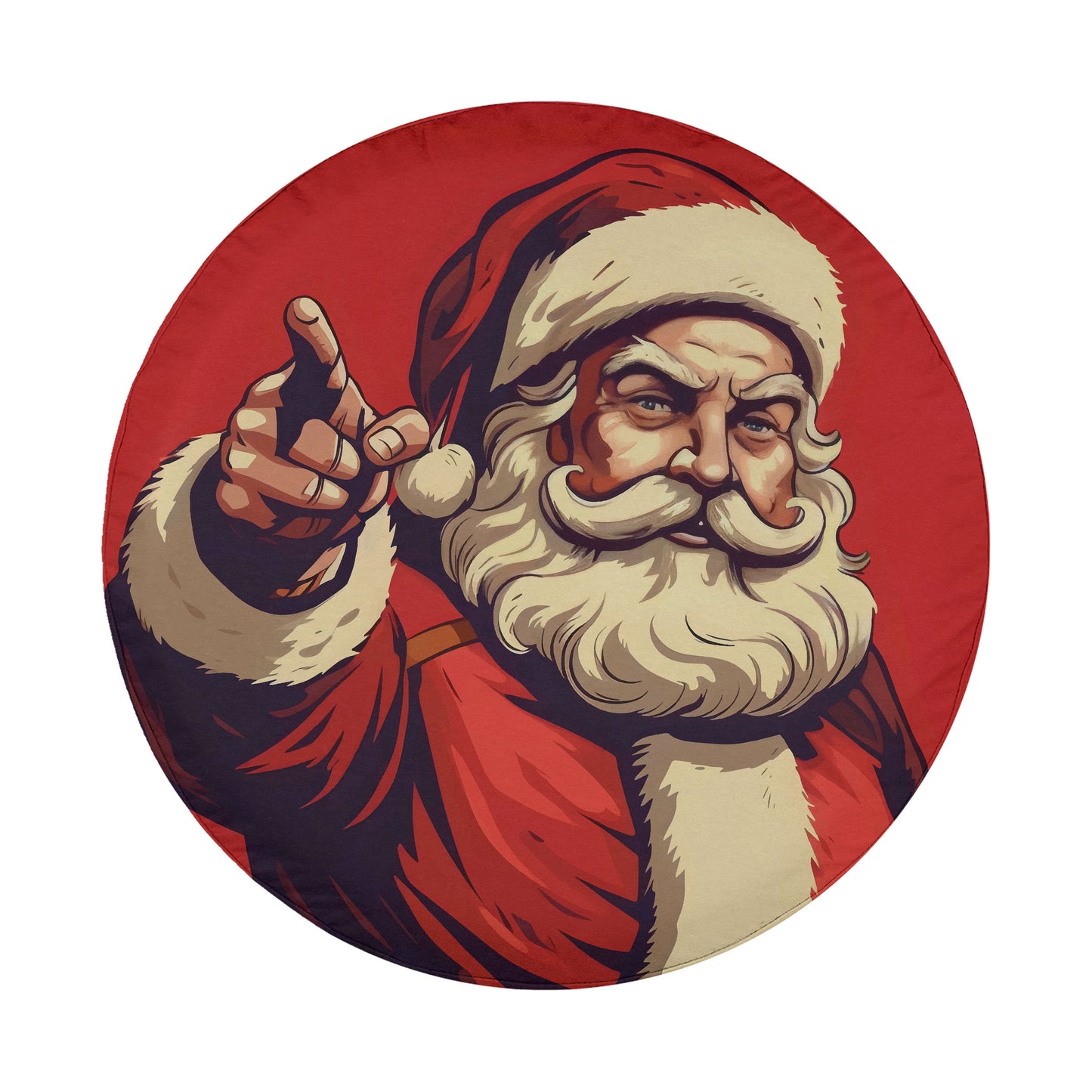 Santa Claus with his finger pointing to the right, wearing his traditional red suit and hat.