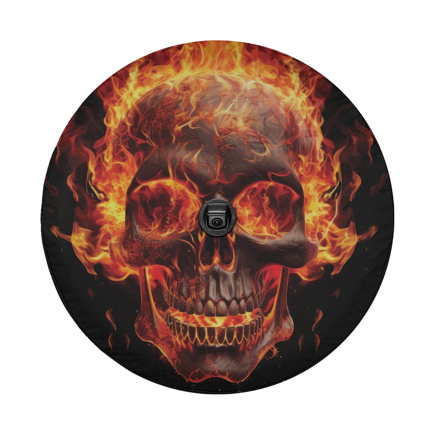 A close-up of a skull with flames emanating from it, creating a fiery and intense visual effect.