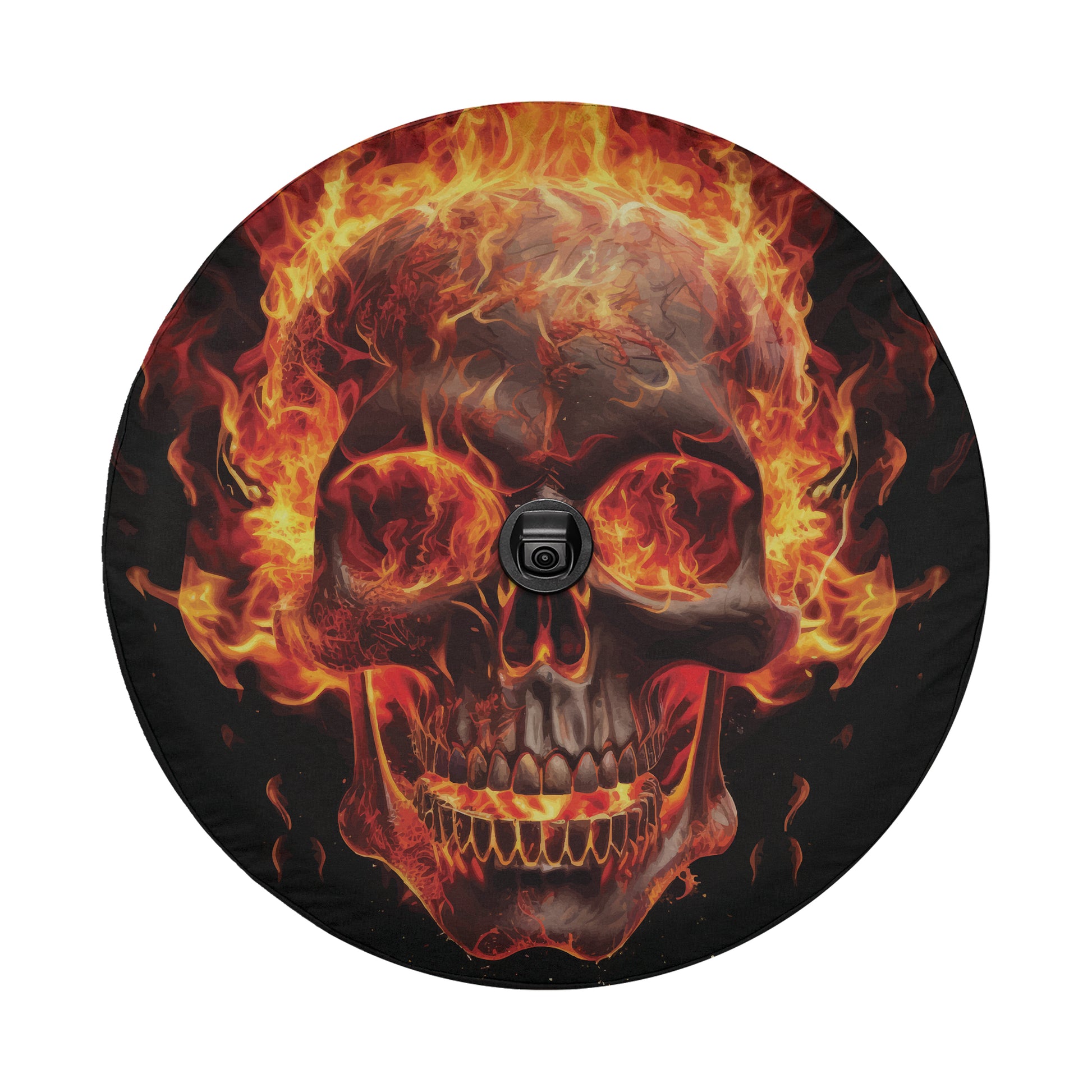 A close-up of a skull with flames emanating from it, creating a fiery and intense visual effect.