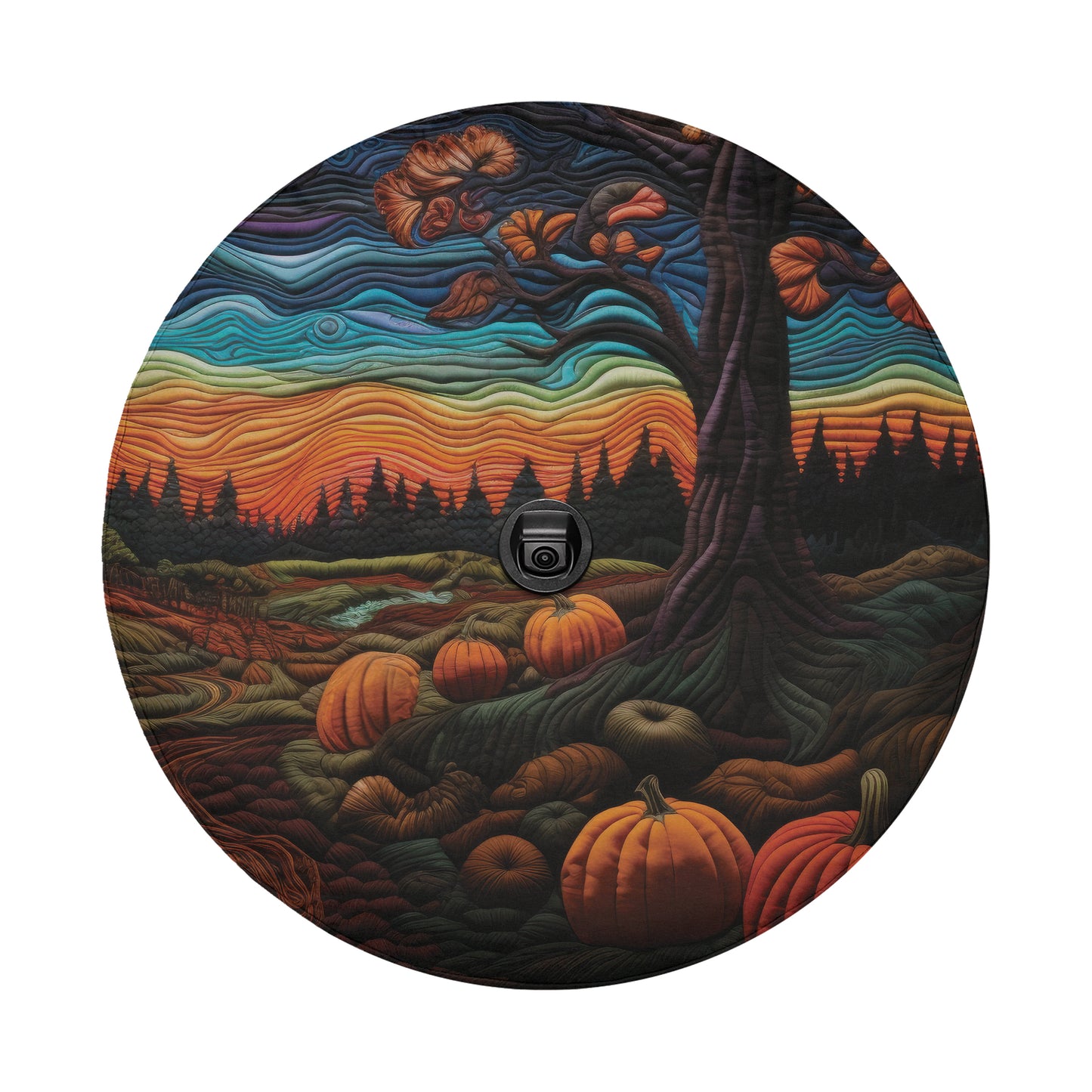 The image is a vibrant, circular artwork depicting a serene autumn landscape with a tree, pumpkins, and a sunset sky.