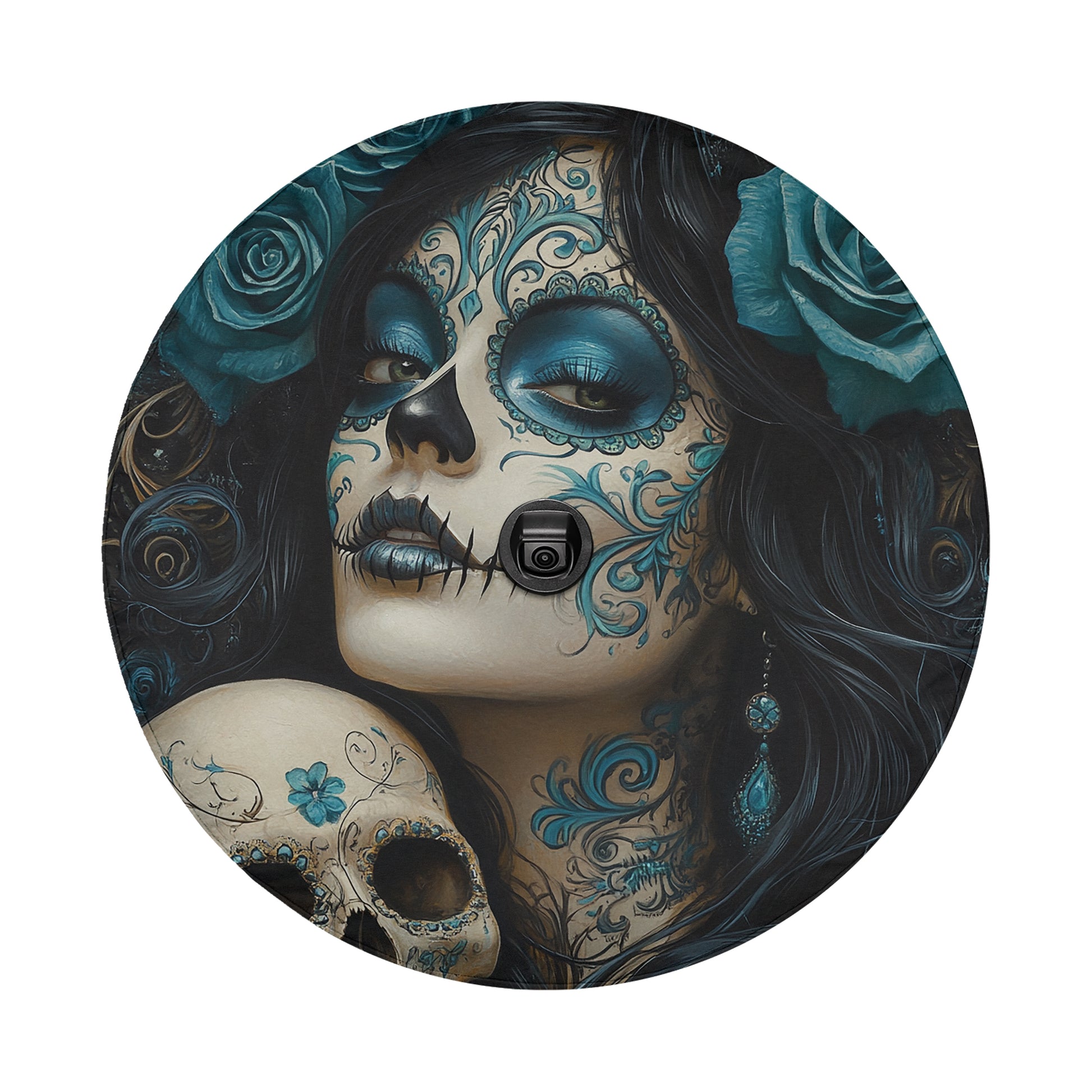 A woman with intricate blue and black skull-like designs on her face and body, surrounded by blue roses and other floral elements.