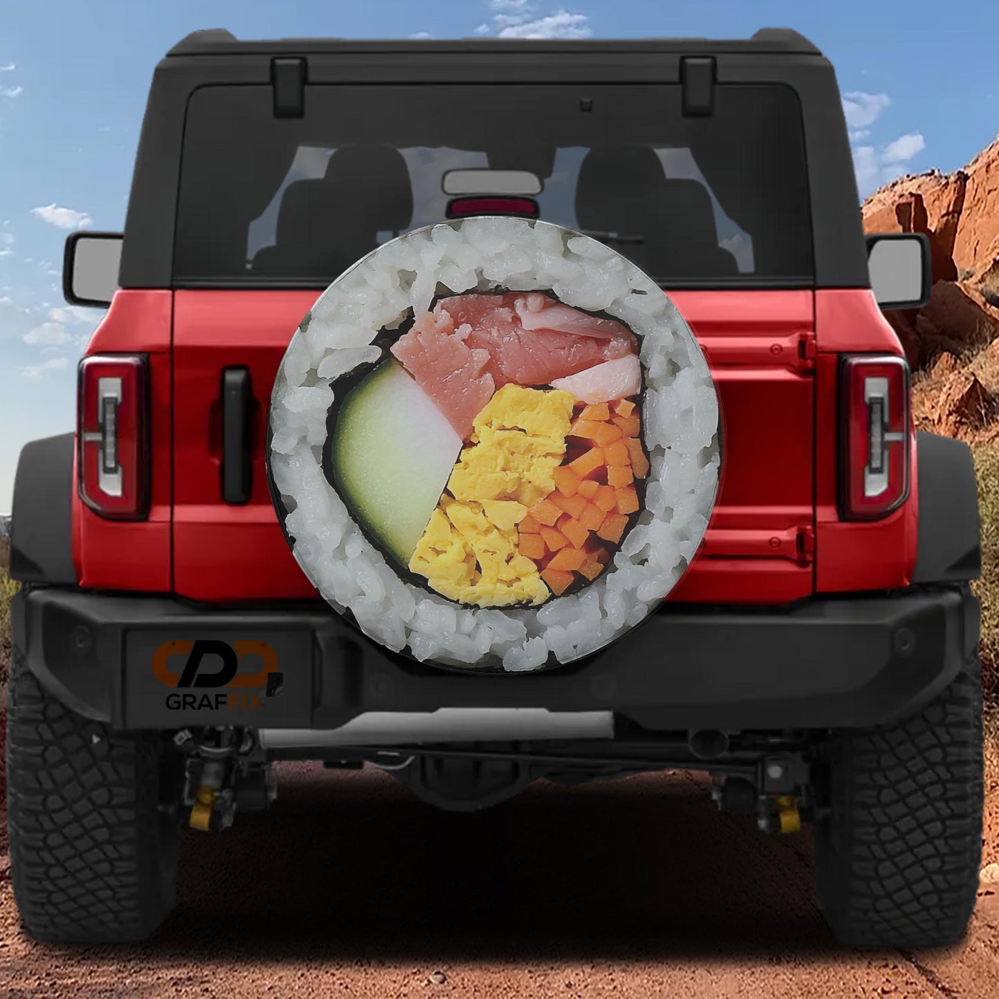 a red Jeep Wrangler with a large sushi roll decal on the rear window.