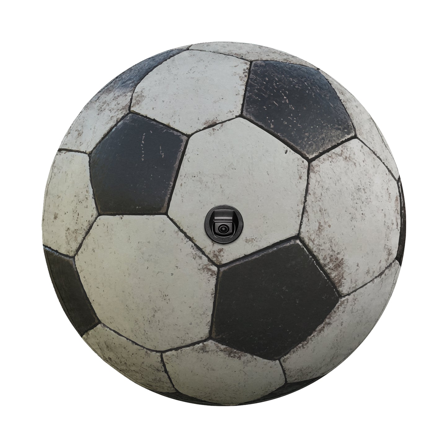 A worn and dirty soccer ball with a black and white pattern.