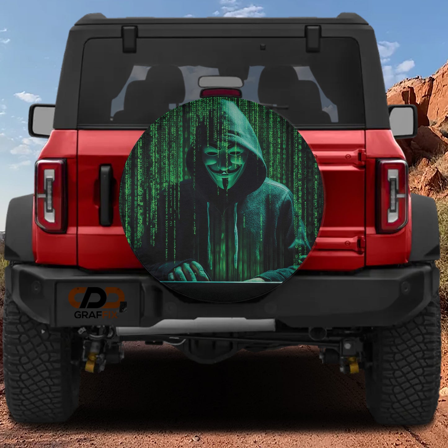 a red Jeep Wrangler with a large, circular decal on the rear window depicting a person wearing a hooded jacket and a mask.
