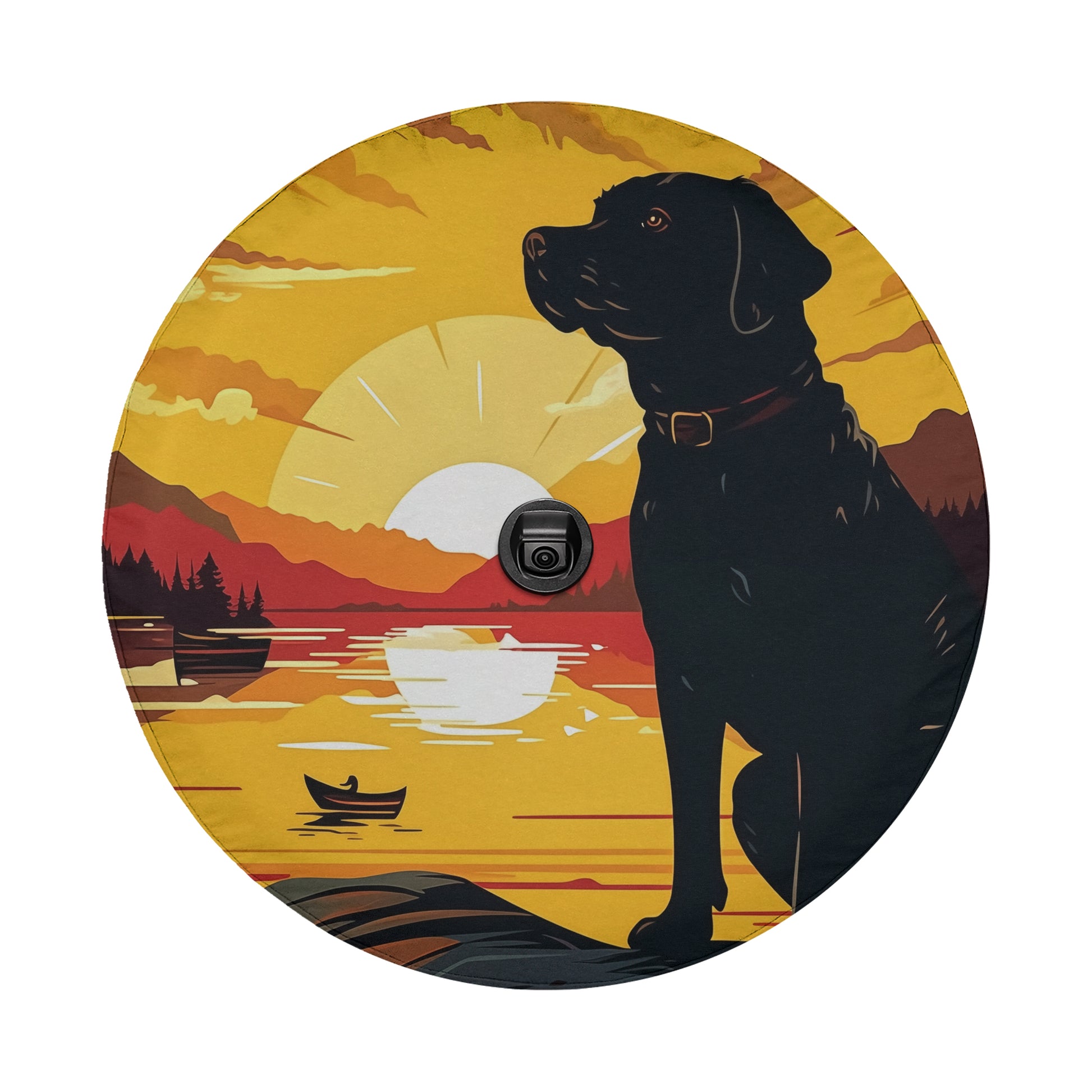 A black dog is sitting on a rock, gazing out at a sunset over a lake with a small boat in the water.