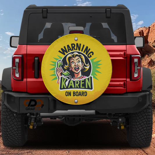 A red Jeep Wrangler with a large, round decal on the rear window that says "WARNING KAREN ON BOARD".