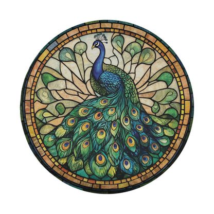 A colorful and intricate stained glass design featuring a peacock, with its vibrant feathers spread out in a display of natural beauty.