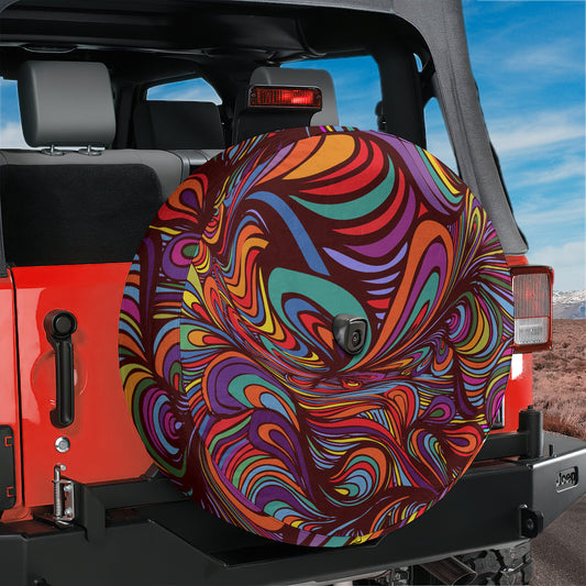 a jeep with a colorful design on the back of it