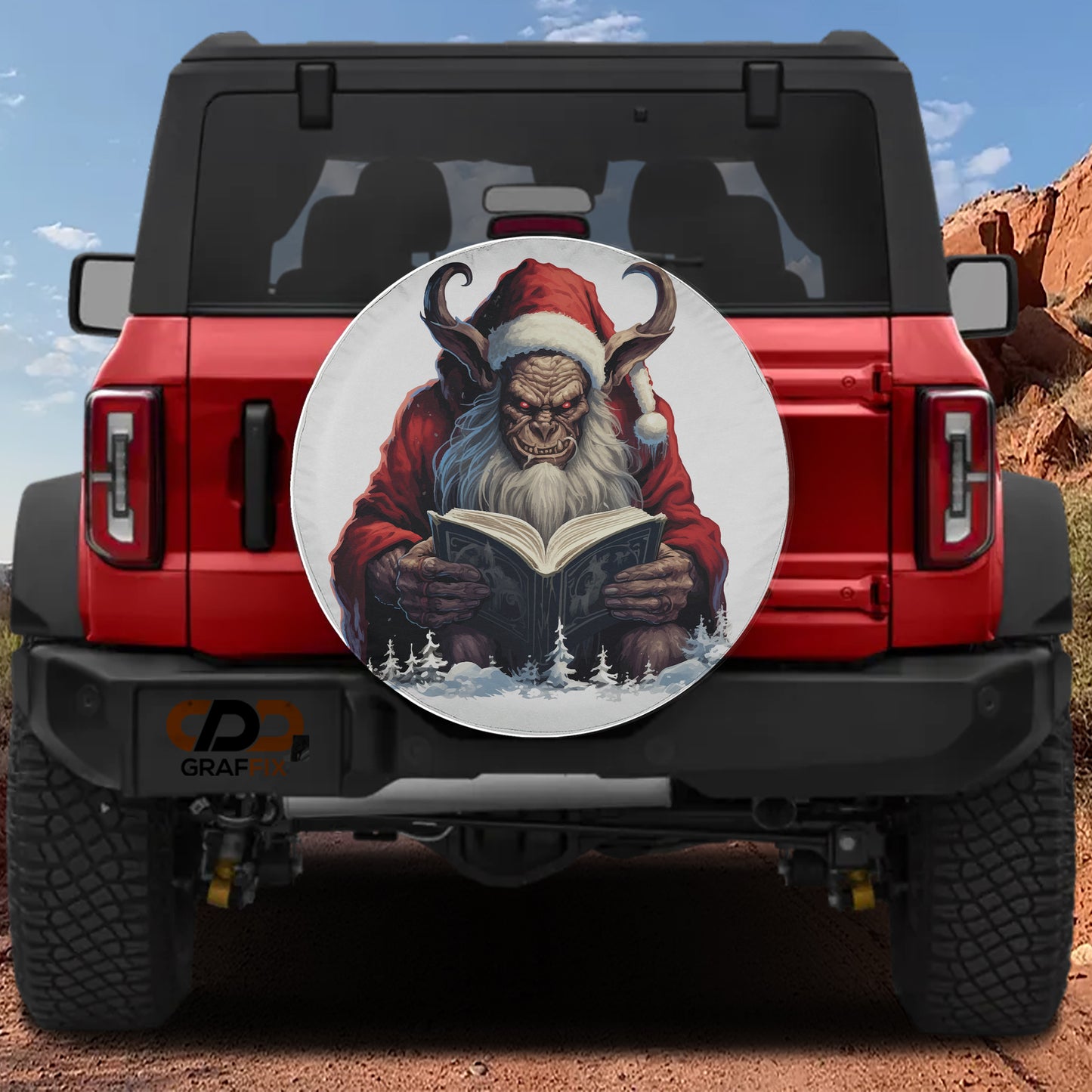 a red Jeep Wrangler with a large, detailed sticker depicting a Santa Claus figure holding a book.