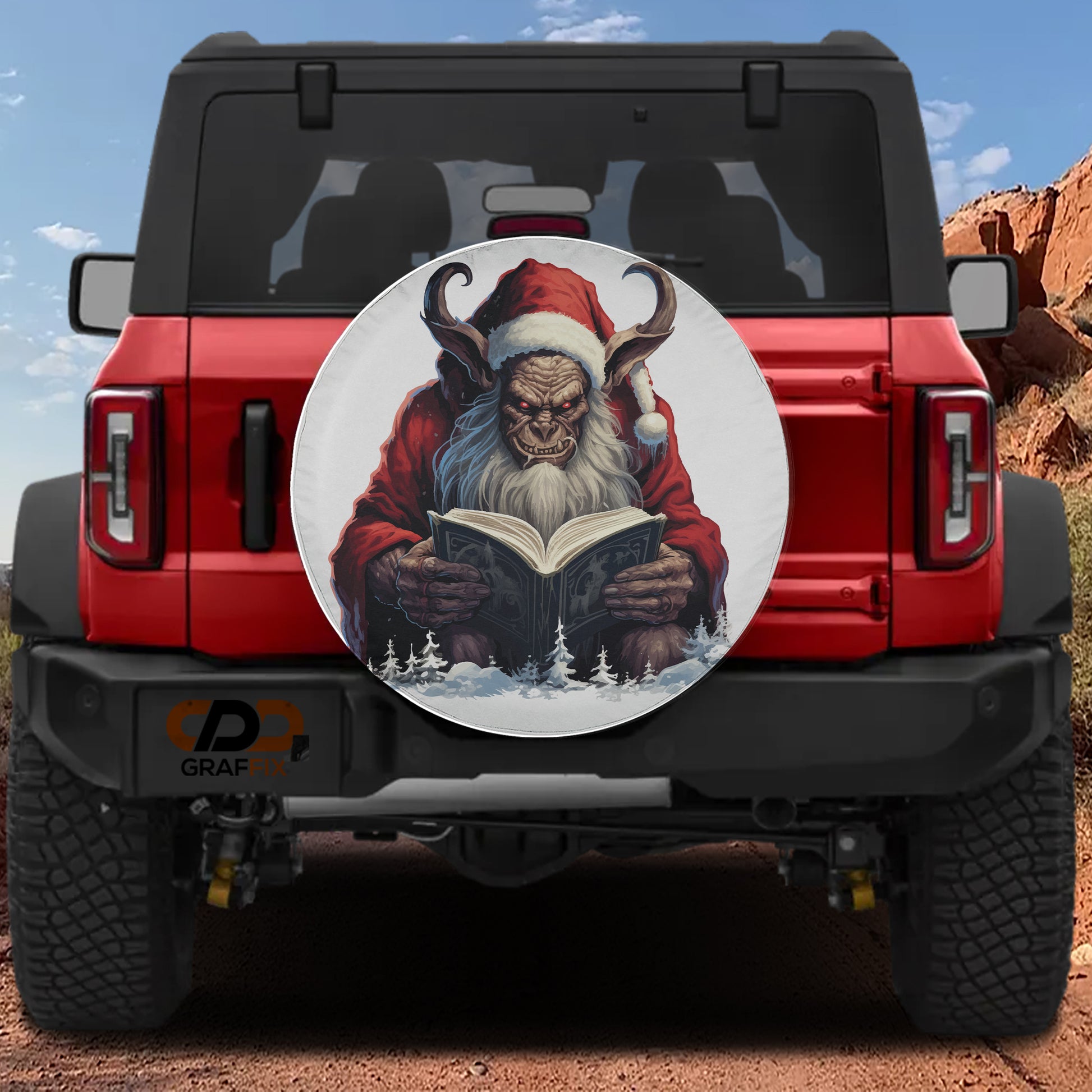 a red Jeep Wrangler with a large, detailed sticker depicting a Santa Claus figure holding a book.