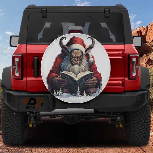 a red Jeep Wrangler with a large, detailed sticker depicting a Santa Claus figure holding a book.