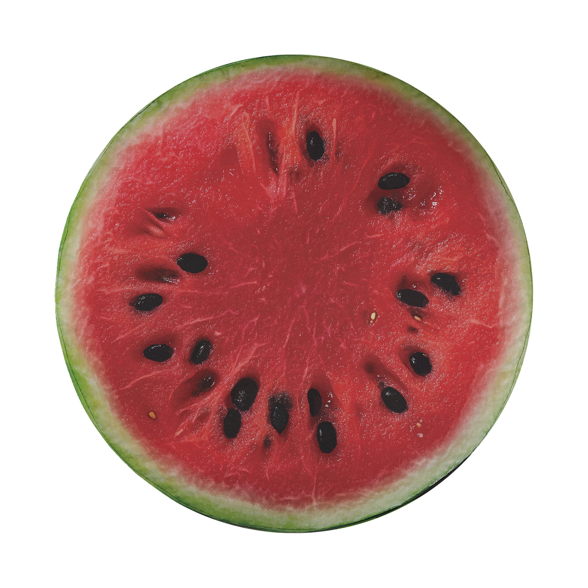 A close-up view of a sliced watermelon, revealing its juicy red flesh and numerous black seeds.
