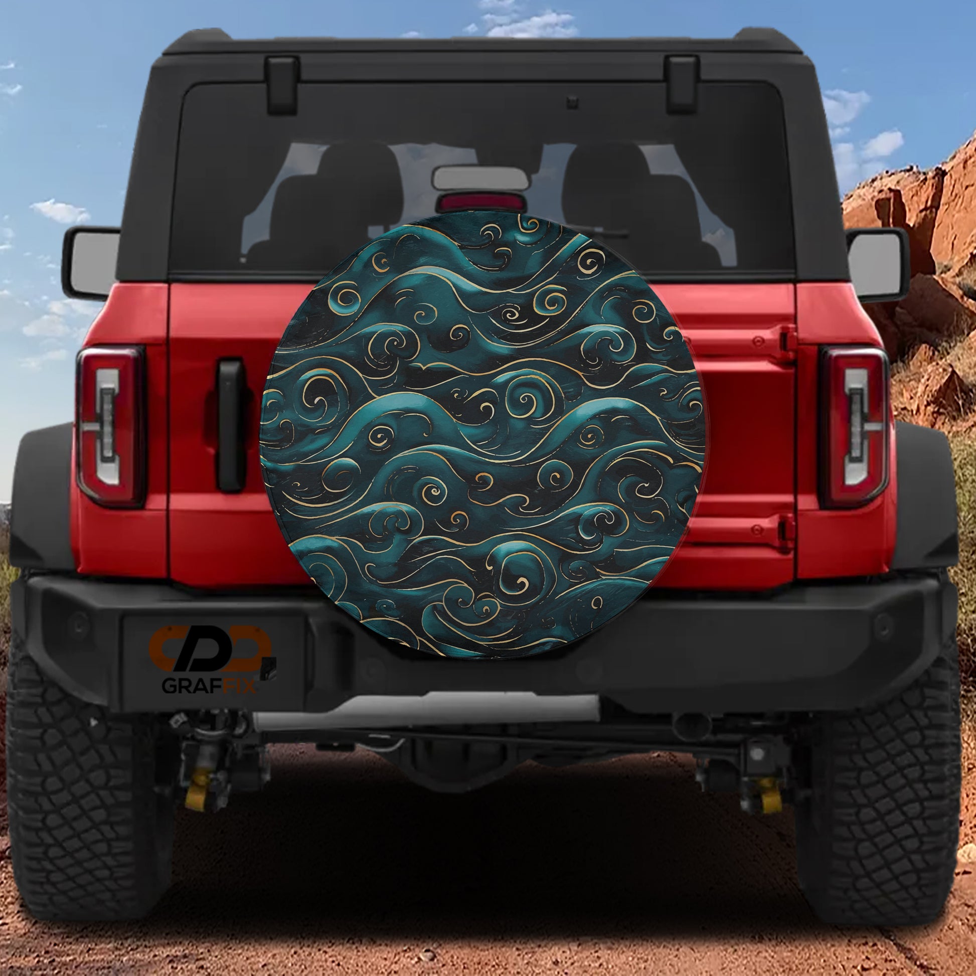 the rear view of a red Jeep Wrangler with a large, colorful wave-patterned spare tire cover attached to the vehicle.