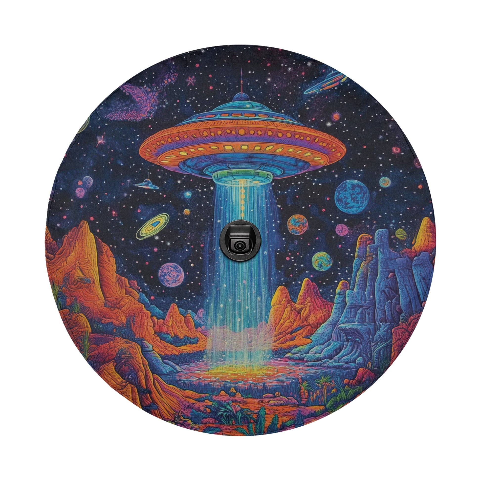 a painting of a space station in the sky