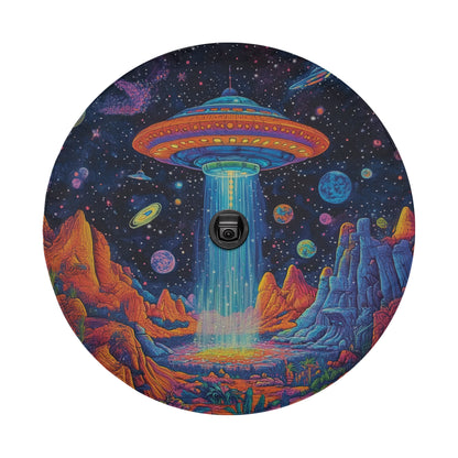 a painting of a space station in the sky