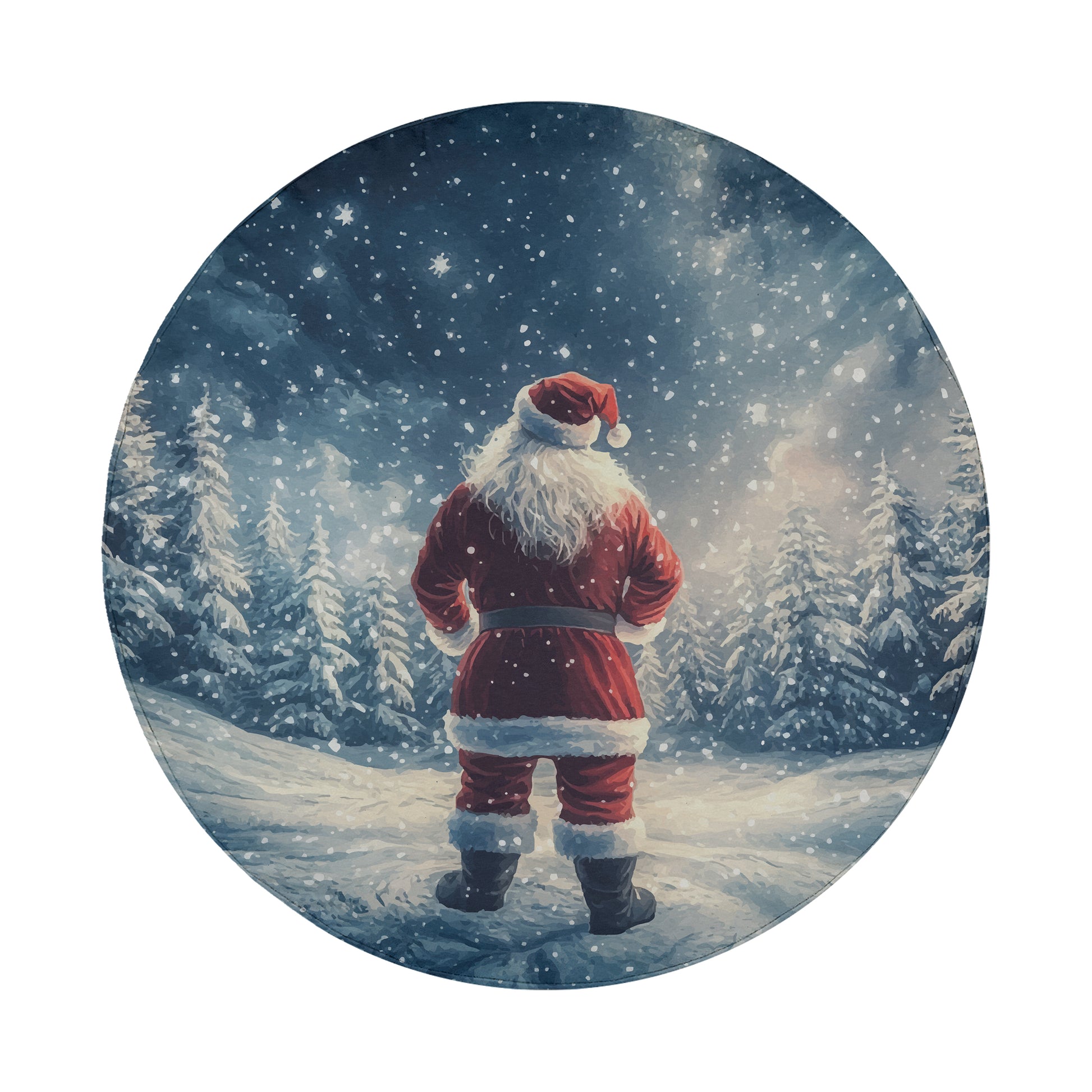 Santa Claus standing in a snowy forest, looking up at the night sky filled with stars.
