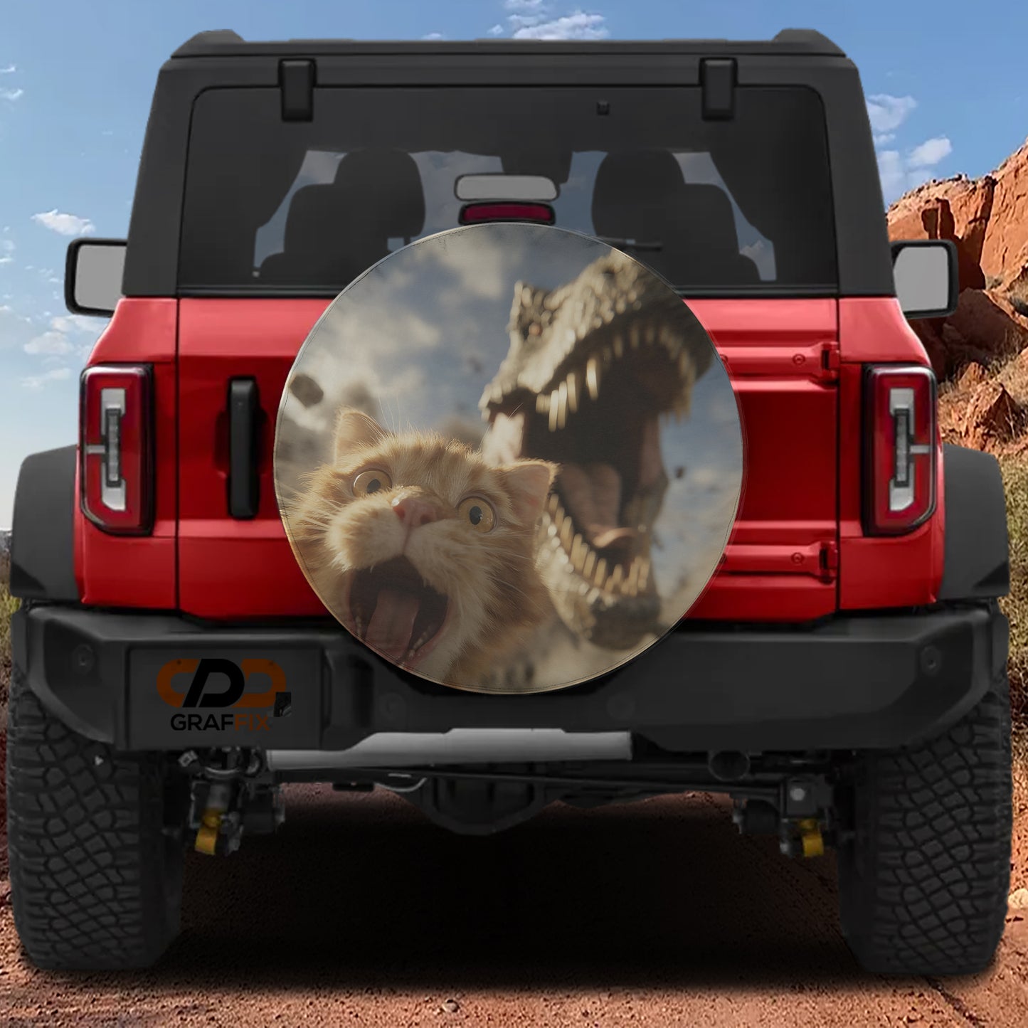 A red Jeep Wrangler with a large dinosaur-like creature on the rear window, creating a humorous and eye-catching scene.
