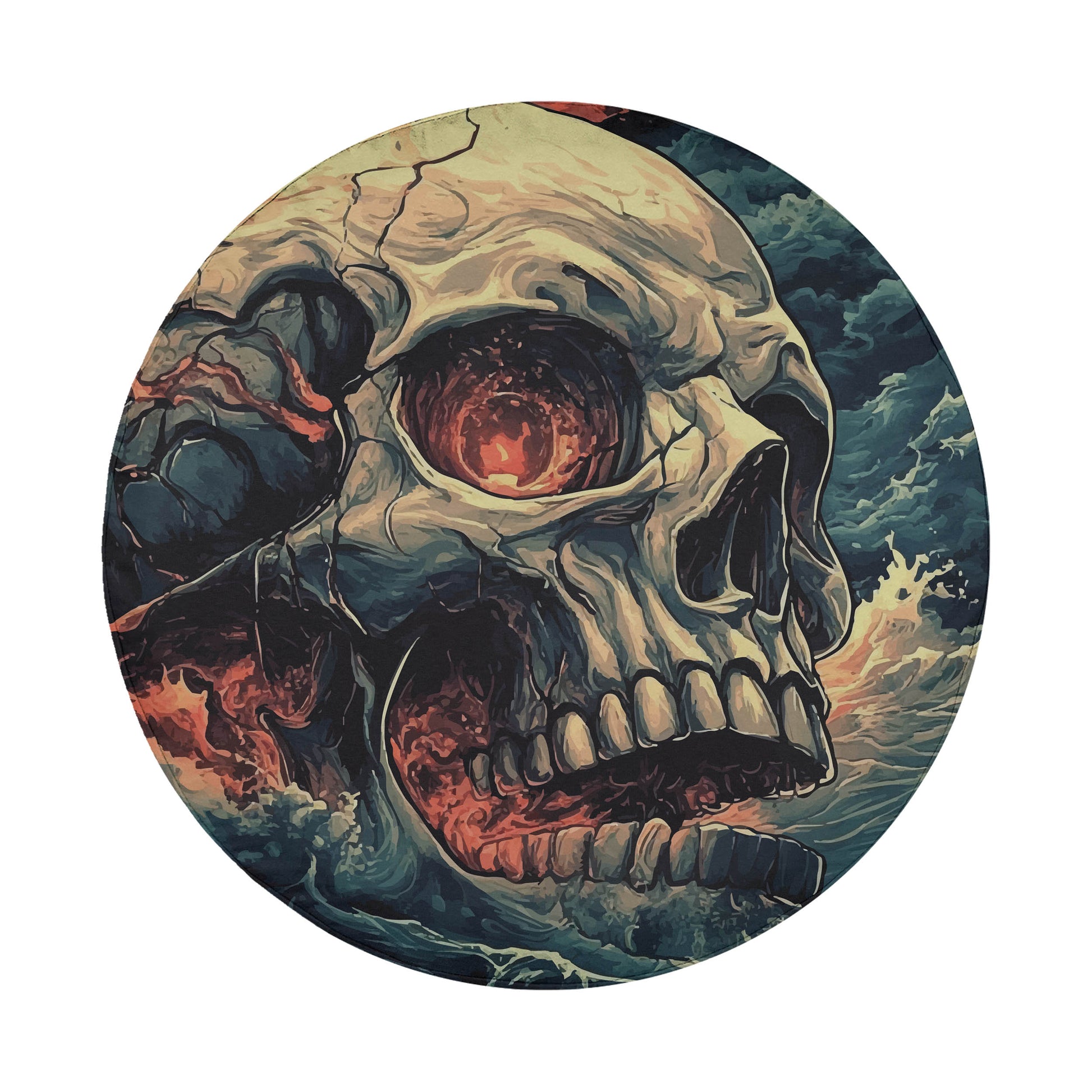 A detailed illustration of a skull with a red eye and a fiery, chaotic background.