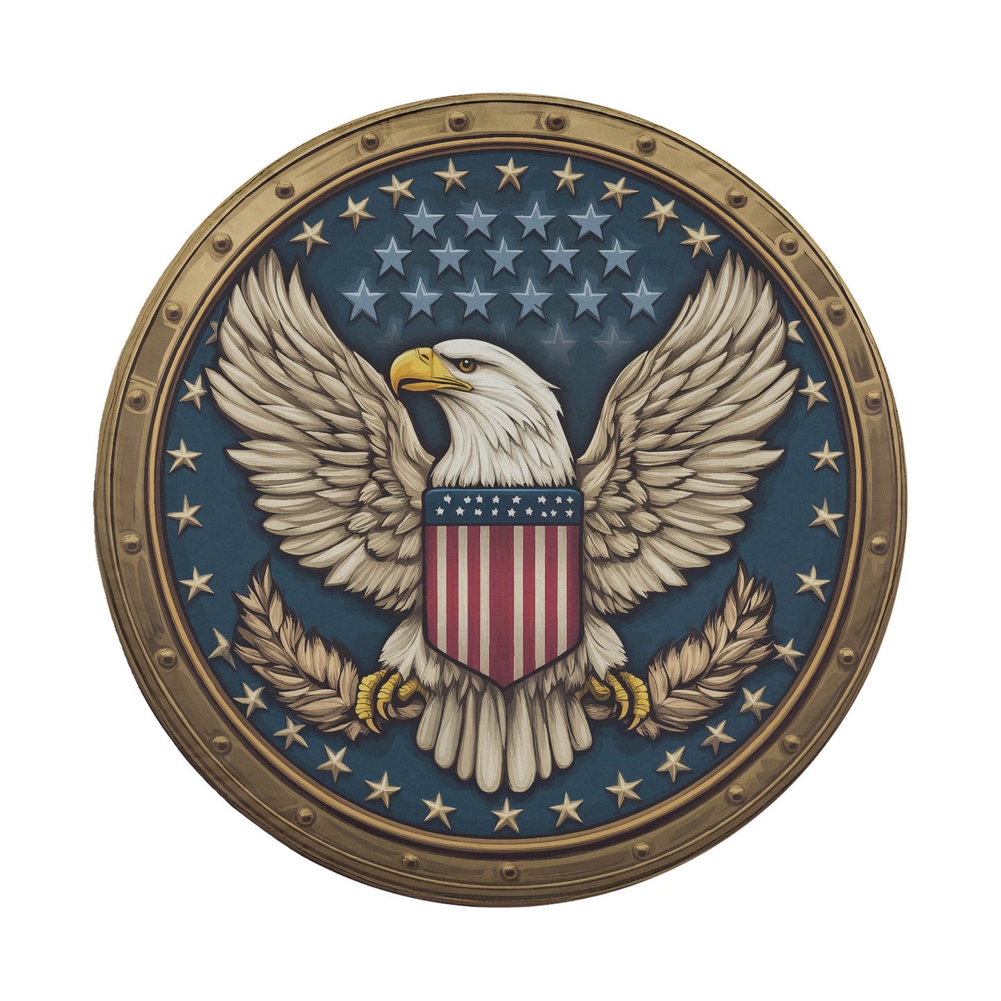A circular emblem featuring a bald eagle with outstretched wings, holding an American flag, surrounded by stars and a blue background.