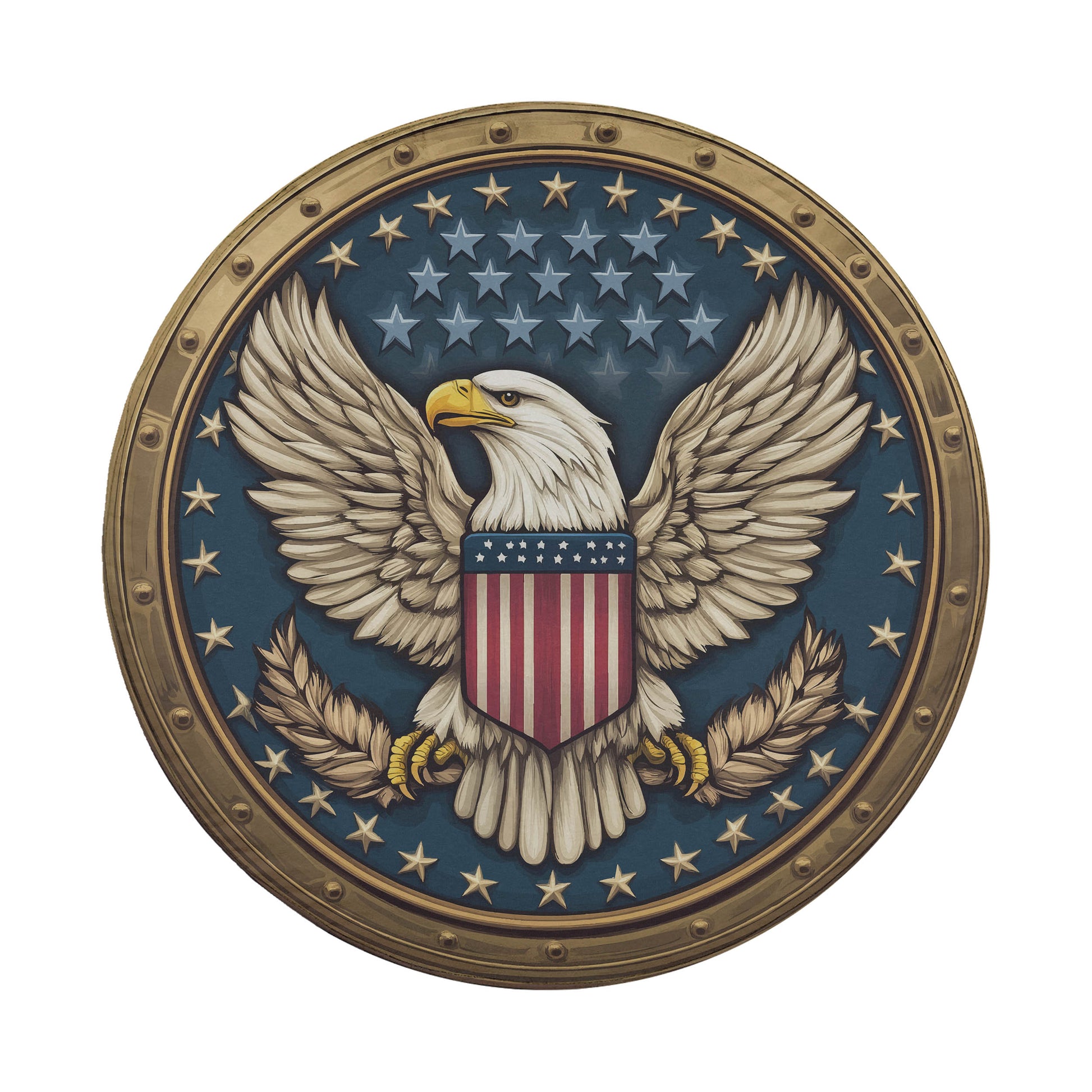 A circular emblem featuring a bald eagle with outstretched wings, holding an American flag, surrounded by stars and a blue background.