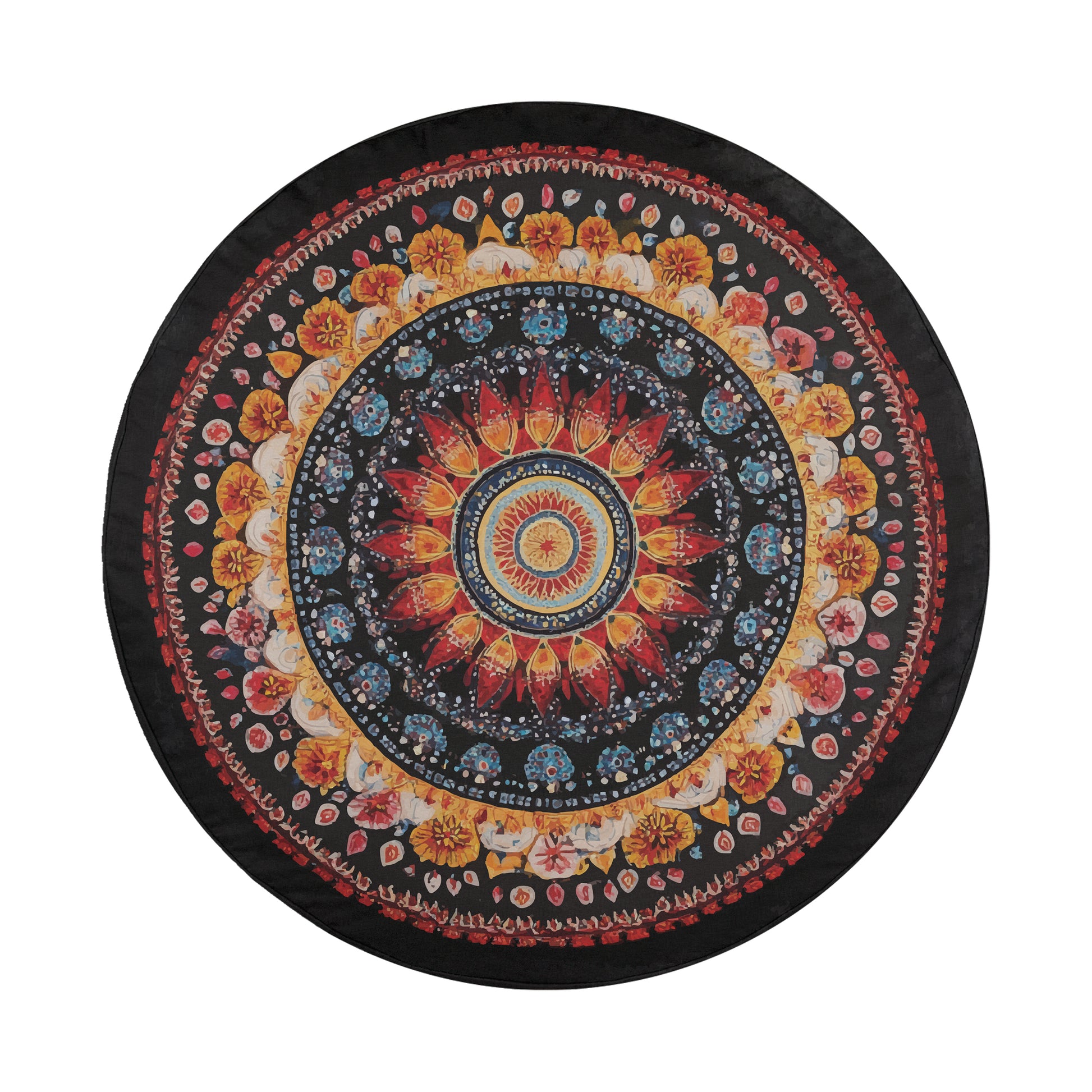 a black plate with a colorful design on it