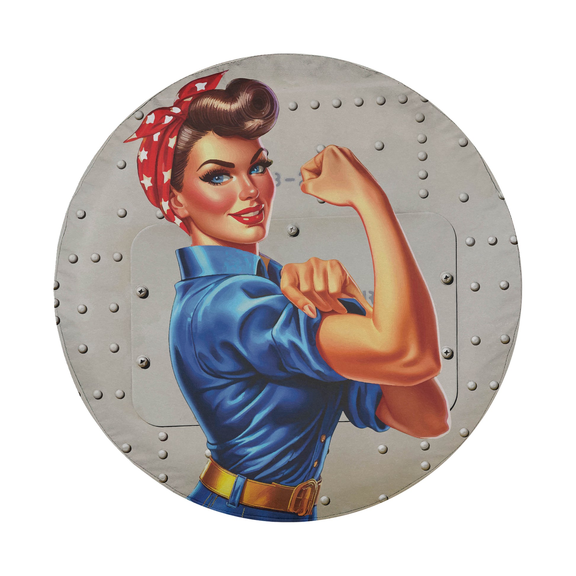 A woman with a determined expression is depicted in a blue dress and red headband, flexing her muscles and holding her arms up.