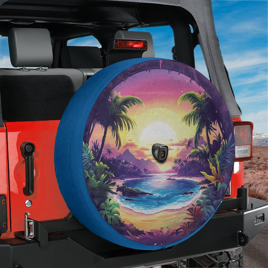a tire cover with a painting of a beach and palm trees
