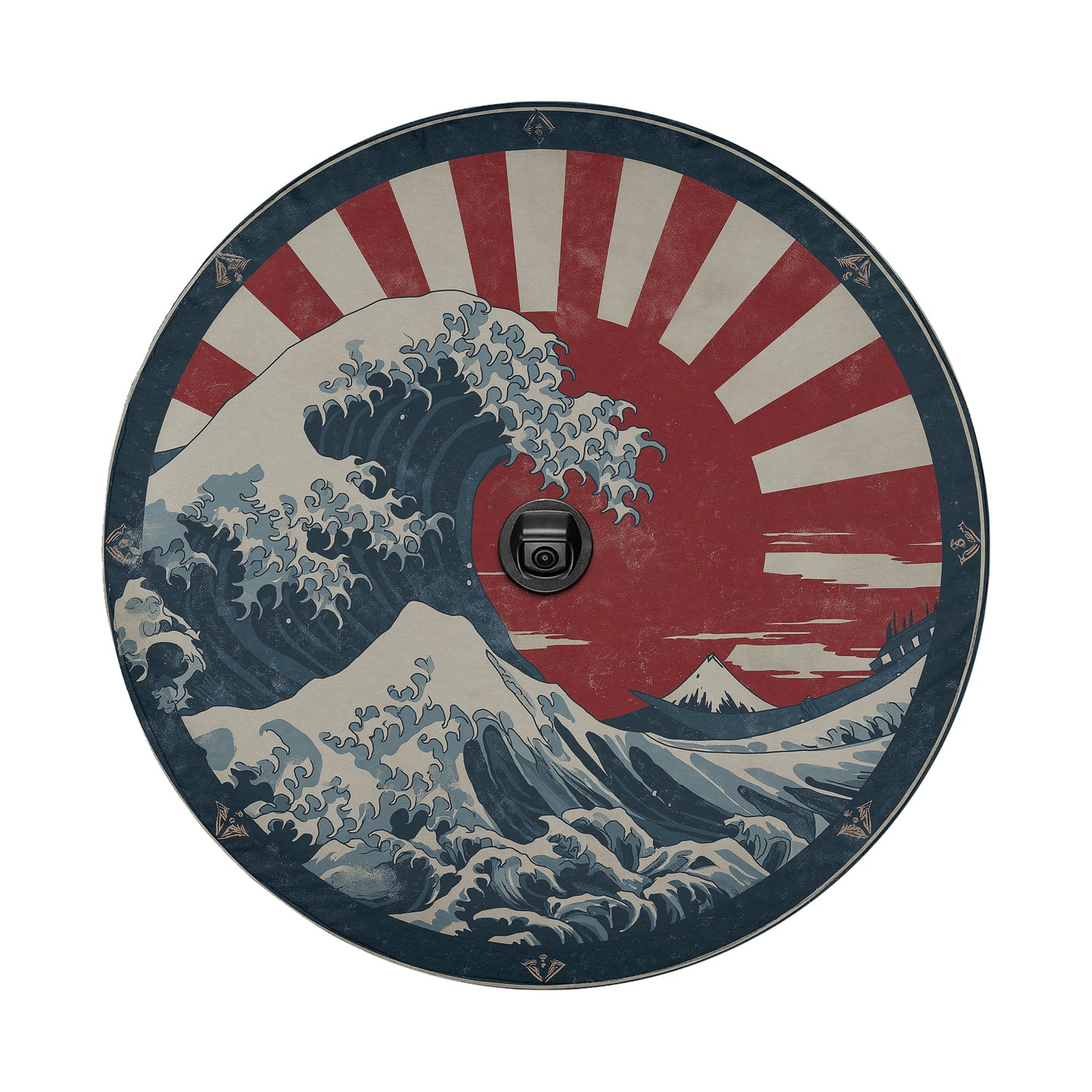 a large, crashing wave with a red and white sunburst pattern in the background.