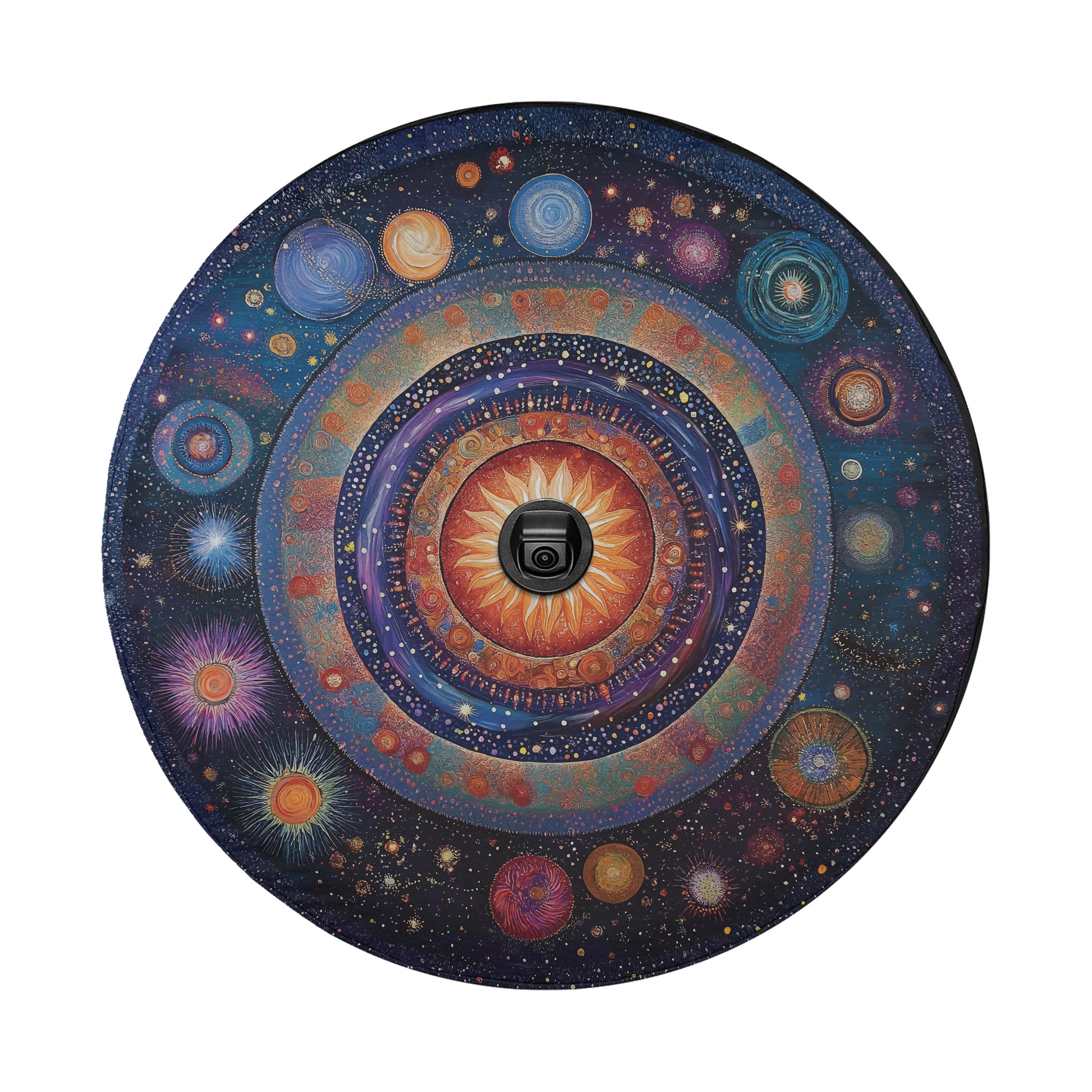 The image is a circular artwork depicting a vibrant and colorful depiction of the universe, with various celestial elements such as planets, stars, and nebulae.