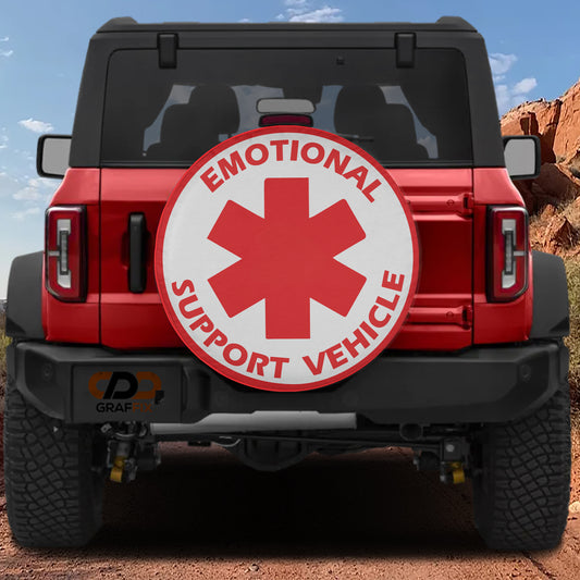 a red Jeep Wrangler with a large red star-shaped sign on the back window that says "Emotional Support Vehicle".