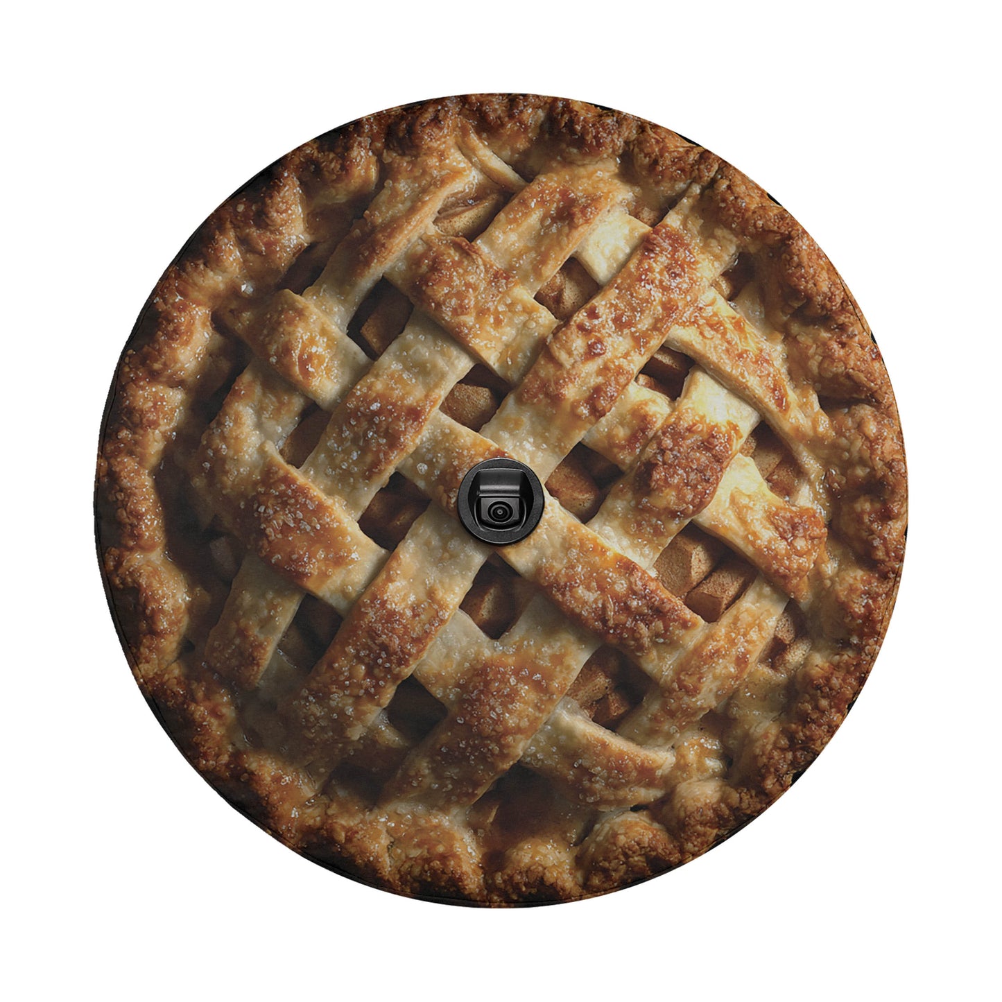 A close-up view of a freshly baked pie with a lattice crust and a black camera lens in the center.