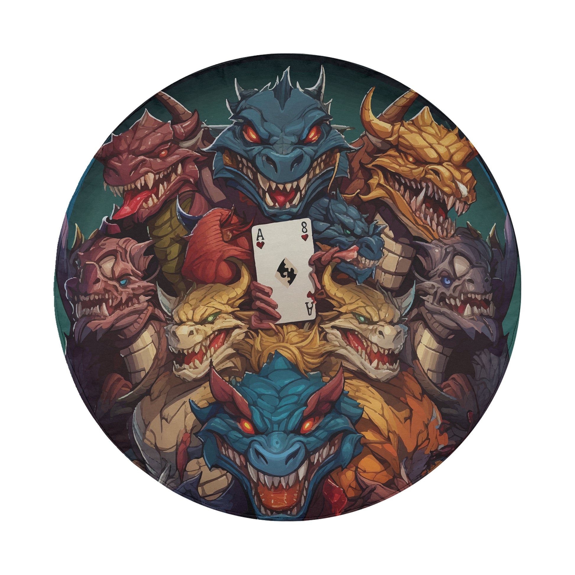 A vibrant and chaotic illustration featuring a group of fierce-looking dragons, some holding playing cards, against a dark green background.