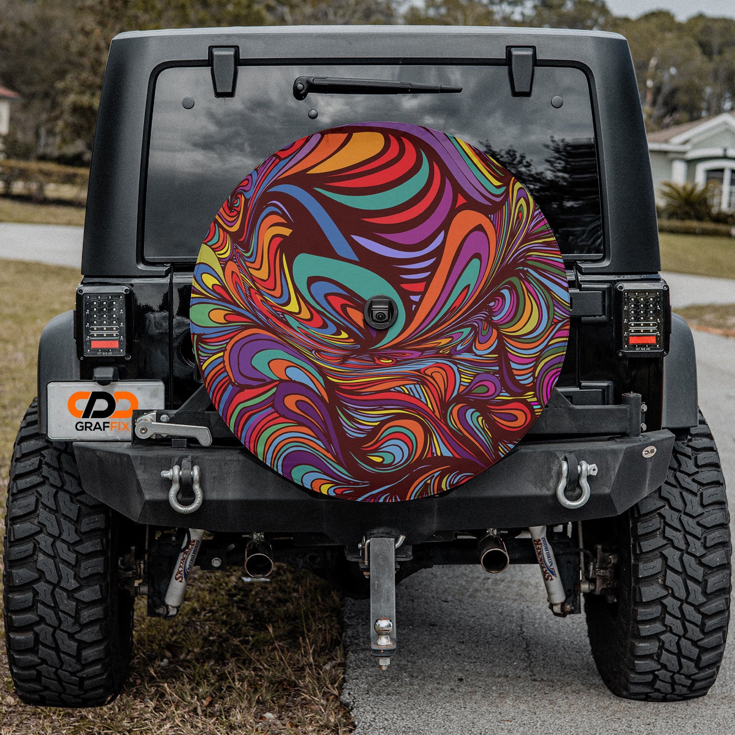 a colorful design on the back of a jeep