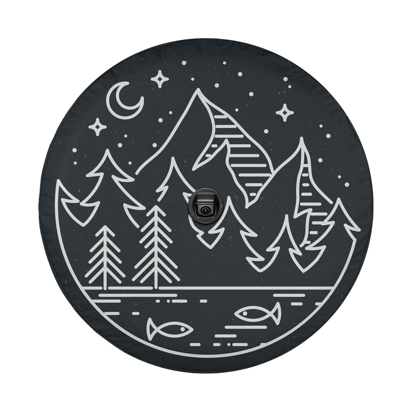 A black and white illustration depicting a serene landscape with mountains, pine trees, a lake, and a crescent moon in the night sky.
