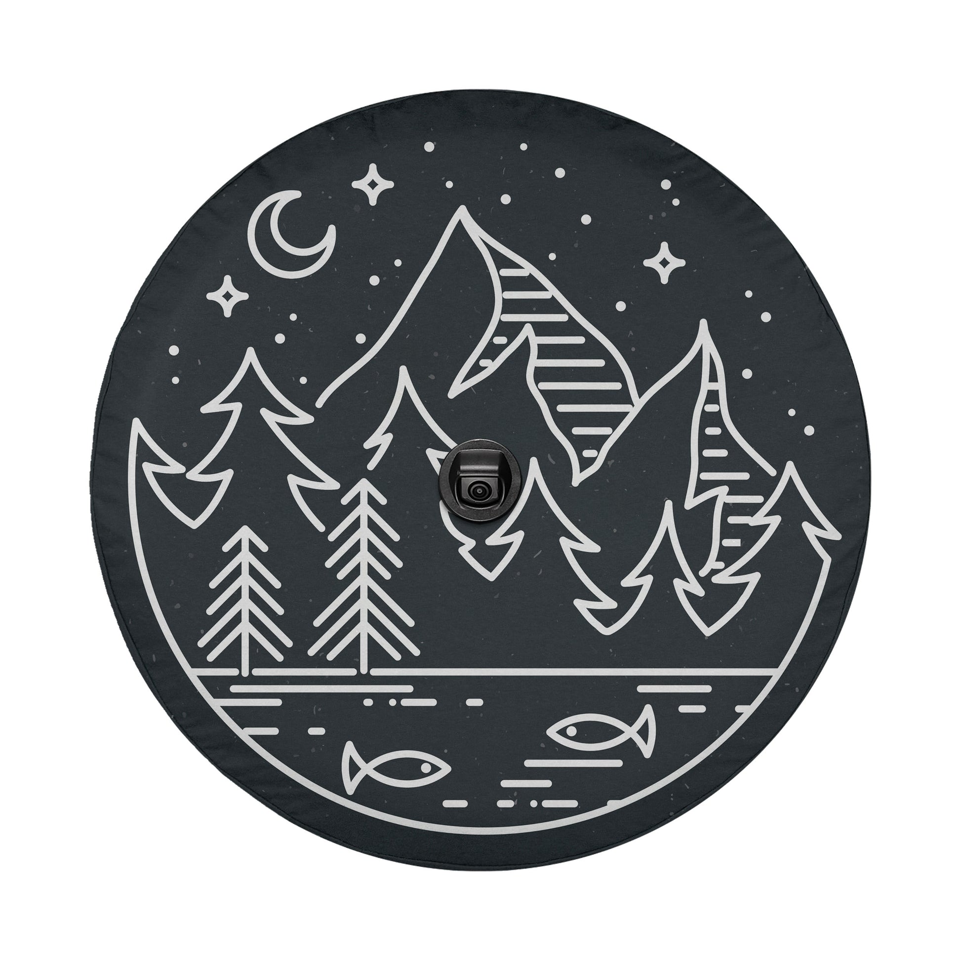 A black and white illustration depicting a serene landscape with mountains, pine trees, a lake, and a crescent moon in the night sky.