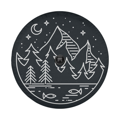 A black and white illustration depicting a serene landscape with mountains, pine trees, a lake, and a crescent moon in the night sky.