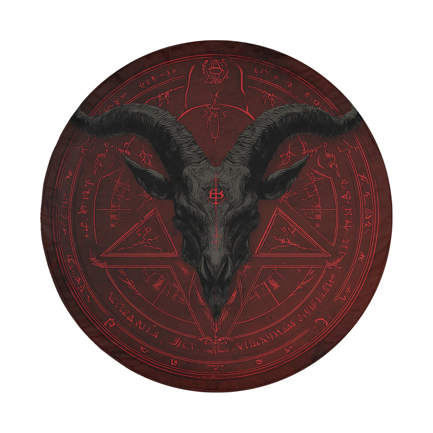 a dark, ominous skull with horns, surrounded by a circular red design with various symbols and text.