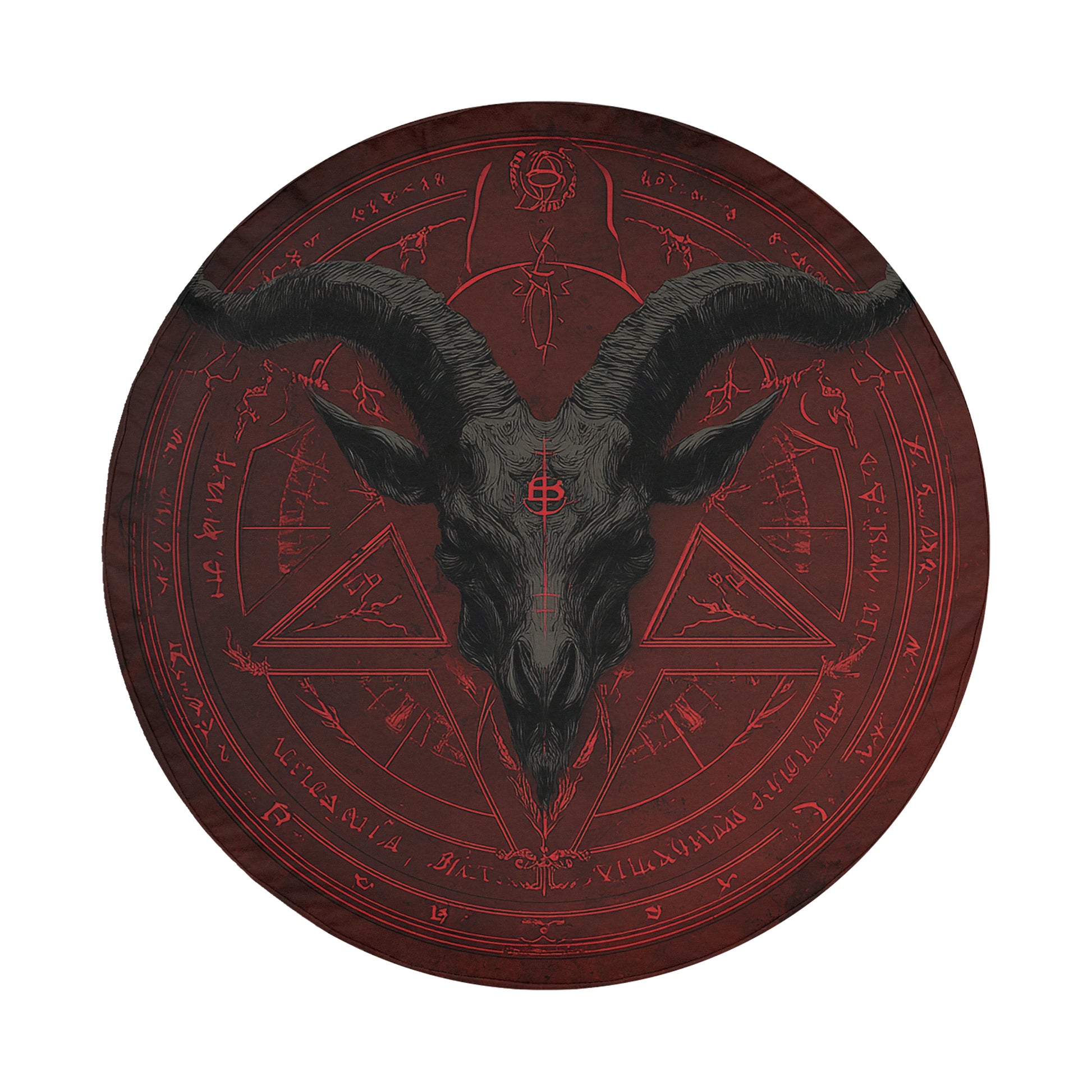 a dark, ominous skull with horns, surrounded by a circular red design with various symbols and text.
