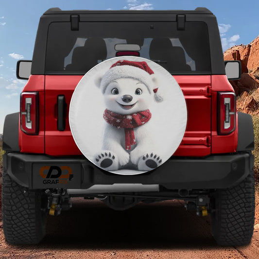 A red Jeep Wrangler with a large white polar bear decal on the rear window.