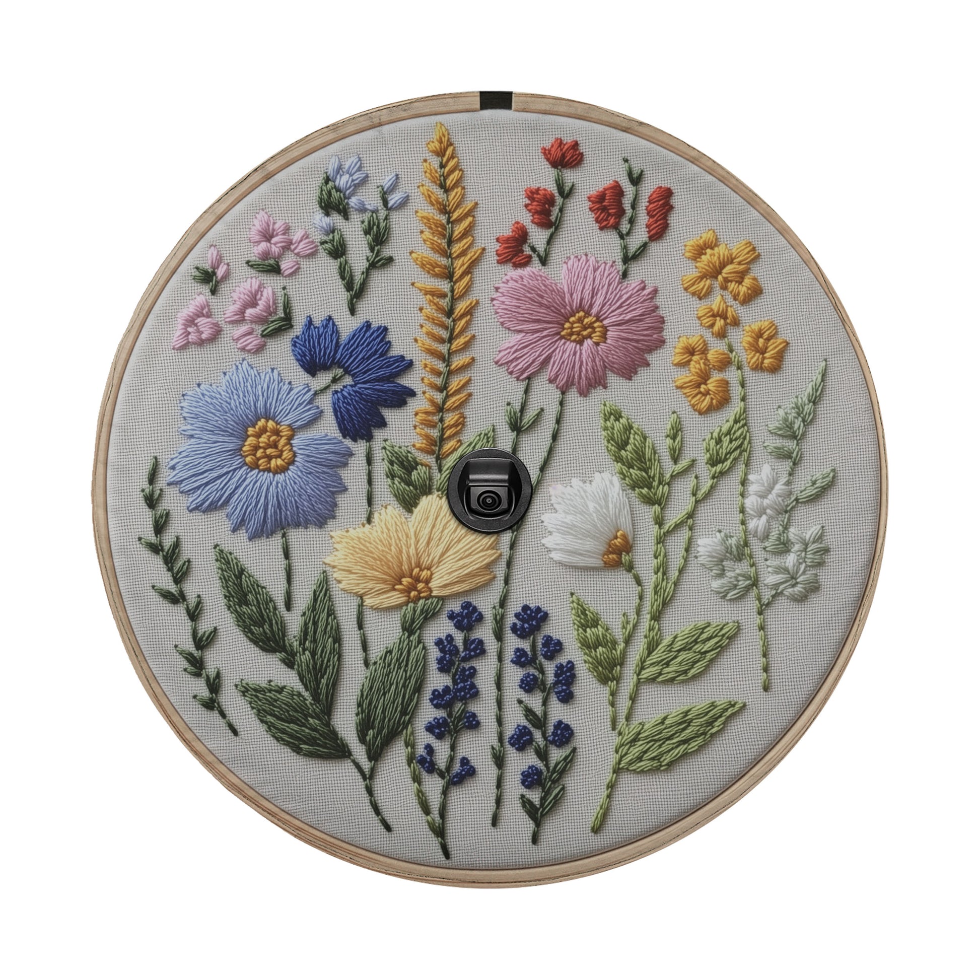 a circular embroidery piece with a variety of colorful flowers and leaves, including blue, pink, yellow, and green flowers, as well as green leaves.