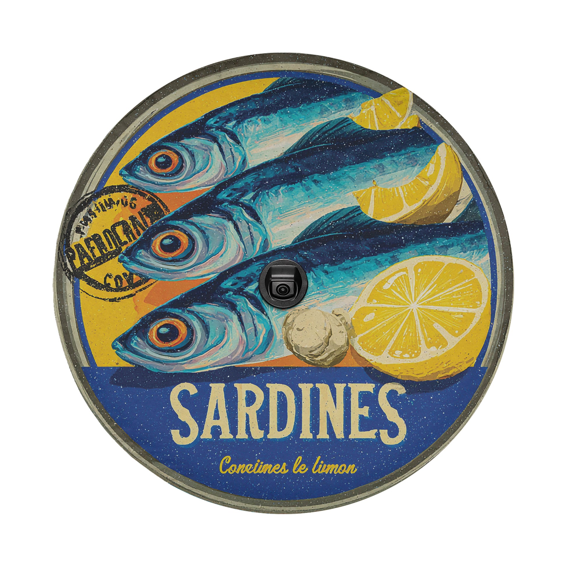 a circular label with a vibrant illustration of three blue fish, two lemon slices, and the word "Sardines" prominently displayed.