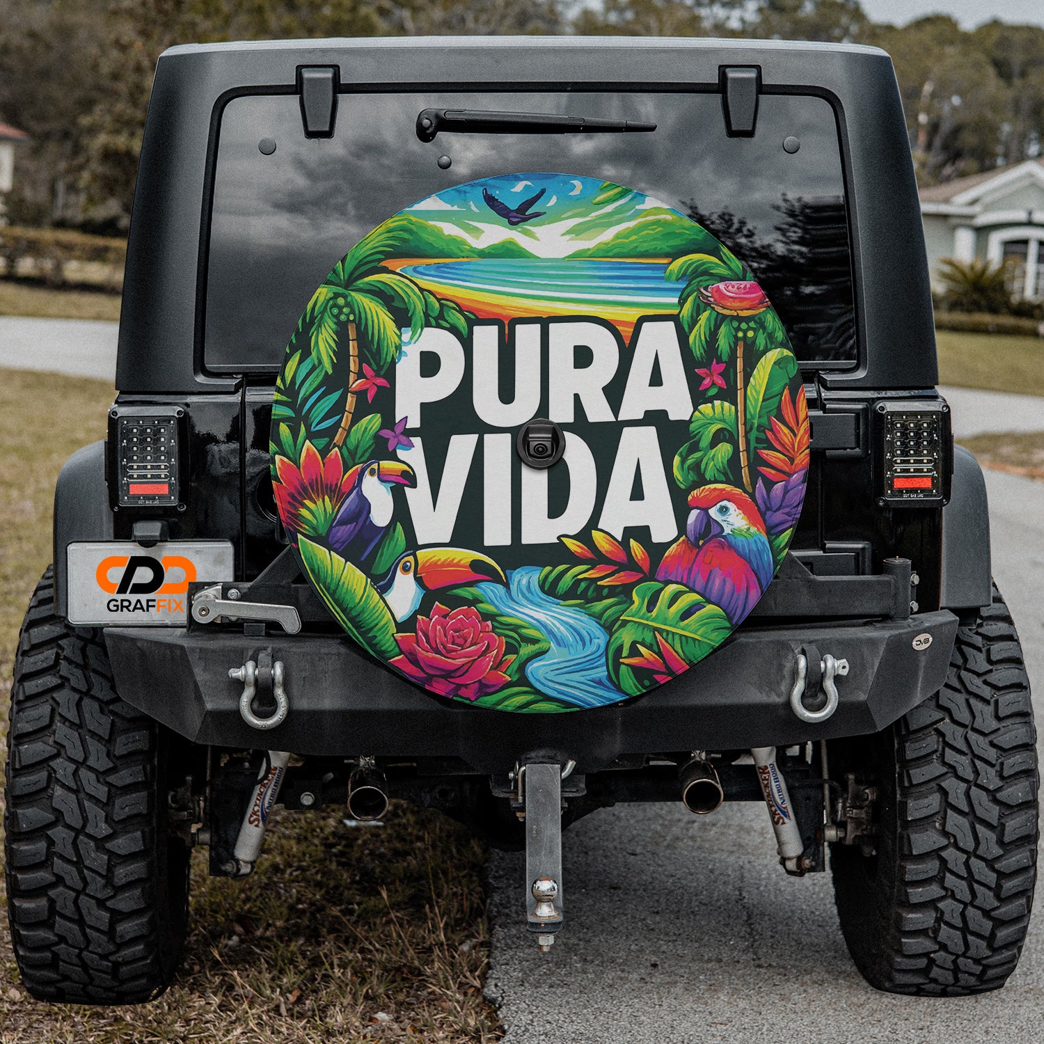a black jeep with a colorful mural on the back of it