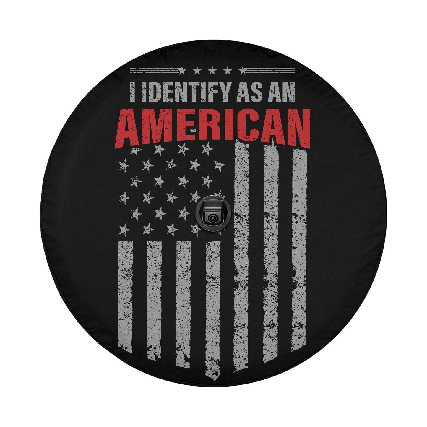 a black wheel cover with a graphic design that includes the text "I identify as an AMERICAN" and an American flag pattern.