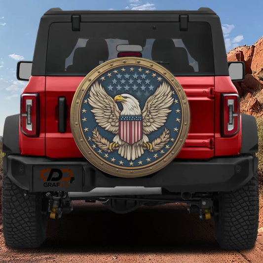a red Jeep Wrangler with a large American eagle emblem on the rear window.