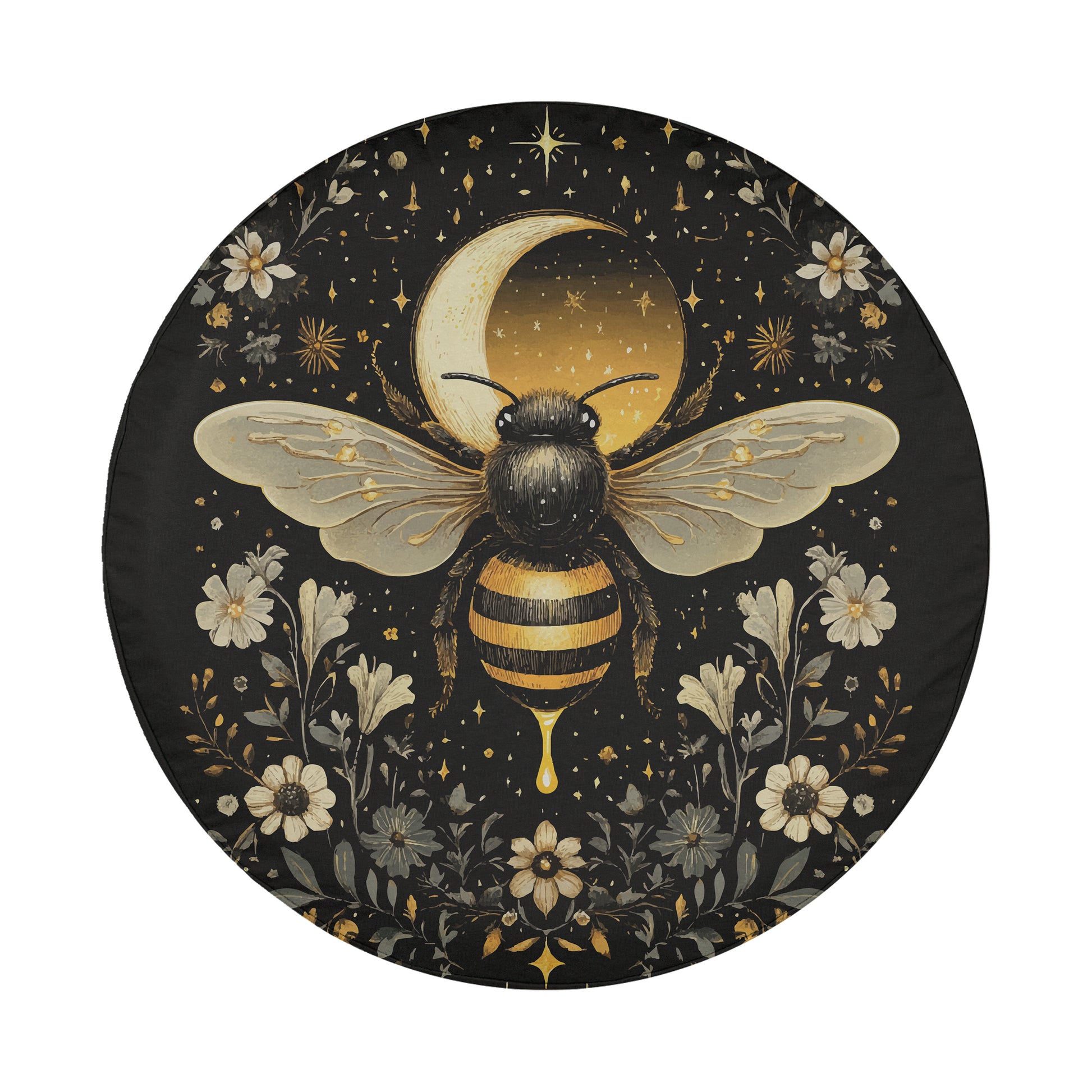 A detailed illustration of a bee with a crescent moon and stars in the background, surrounded by flowers and plants.