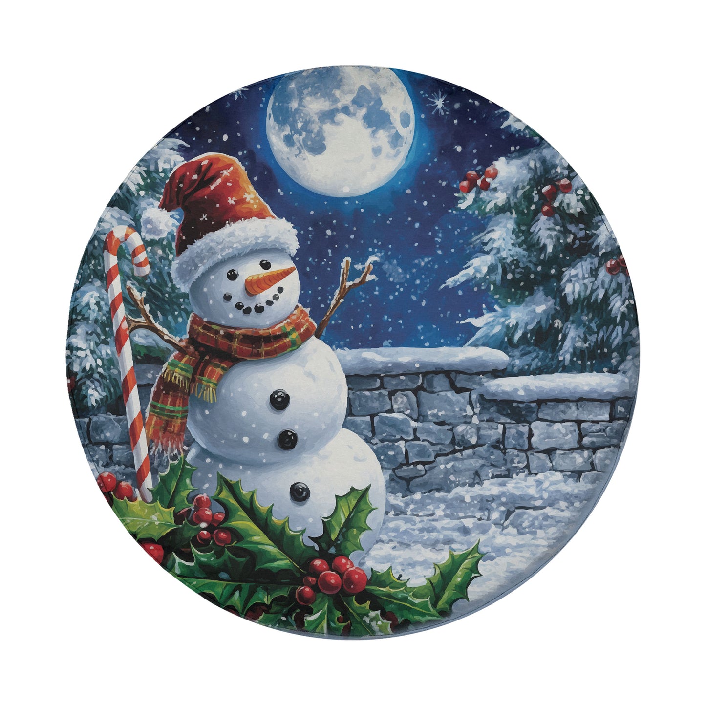 A snowman wearing a red and orange hat stands on a snowy hill, with a full moon and holly leaves in the background.