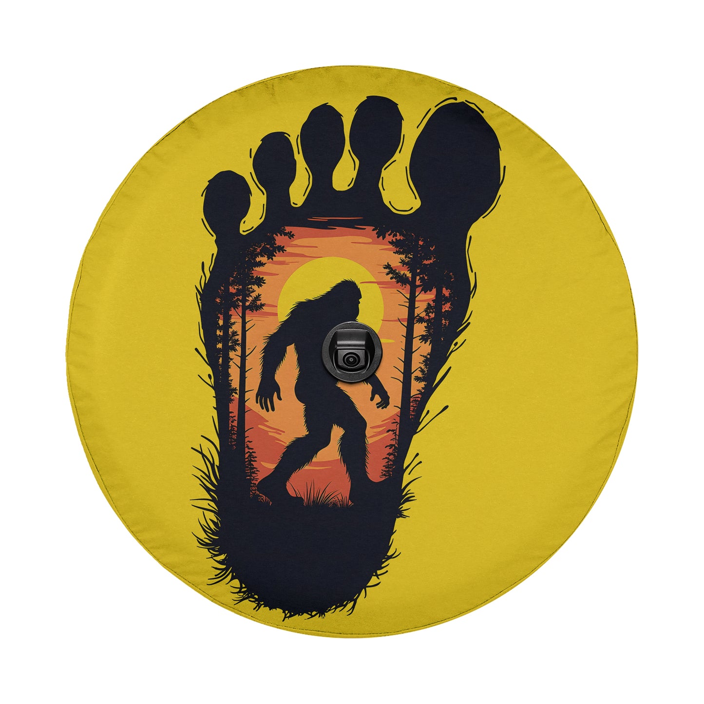 A silhouette of a Sasquatch, a mythical creature, is depicted in the center of the image, surrounded by a forest scene with a sunset in the background.
